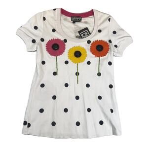 Berek 2 Floral T-Shirt Sm Short Sleeve White Scoop Neck Beads Jewels Embroidery
